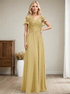 A-Linien V-Ausschnitt Bodenlanges Spitzen-Chiffon Kleid für die Brautmutter mit Pailletten