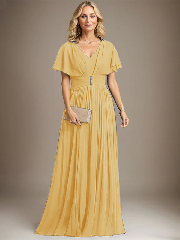 A-Linien V-Ausschnitt Bodenlanges Chiffon Brautmutterkleid mit Kristallbrosche und Plisseefalten