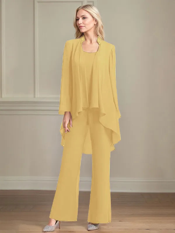 Chiffon Kleid mit Rundhalsausschnitt, langen Ärmeln, bodenlang, Hosenanzug für die Brautmutter