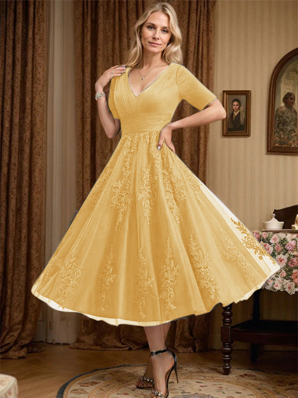 A-line V-Neck Tea-Length Tulle Lace Mother of the Bride Dress With Pleated