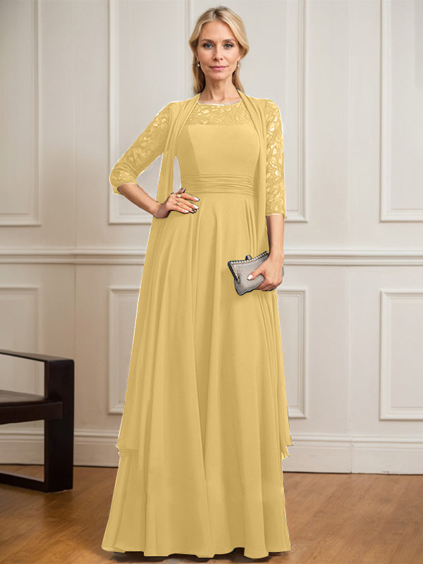 A-Linien Kleid mit Rundhalsausschnitt, Illusion, bodenlang aus Spitze und Chiffon, Mutter-der-Braut-Kleid mit Faltenwurf