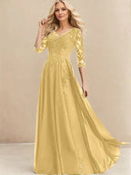 A-Linien V-Ausschnitt Bodenlanges Spitzen-Chiffon Kleid für die Brautmutter mit Pailletten