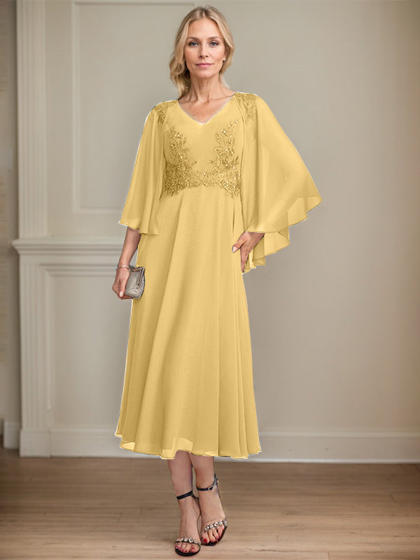 A-Linien-Brautmutterkleid aus Chiffon, V-Ausschnitt, tea-length mit Spitze, Pailletten und Perlen
