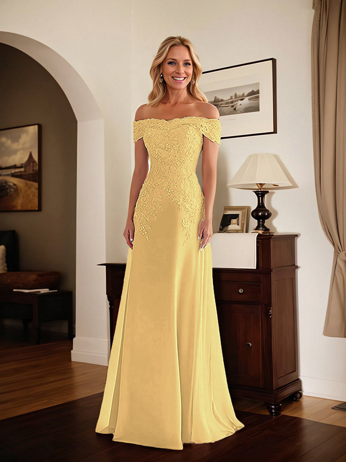 Elegantes taupefarbenes schulterfreies Etuikleid Mutter der Braut Kleid mit Spitze