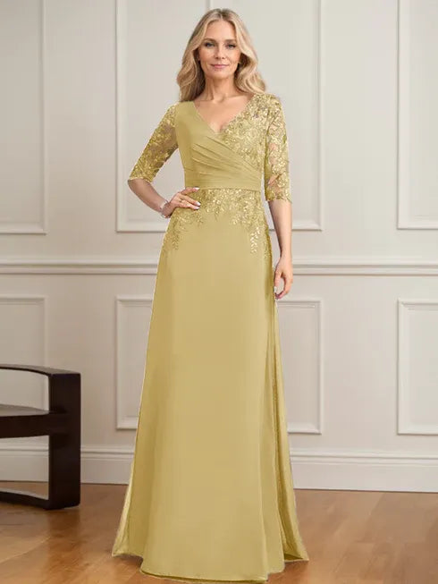 A-Linien V-Ausschnitt bodenlanges Spitzen-Chiffon Kleid der Brautmutter mit plissierten Pailletten