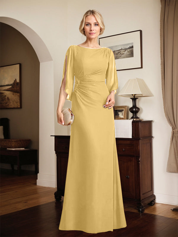 Etuikleid/Säule Rundhals bodenlanges Chiffon Kleid der Brautmutter mit plissierten Perlen