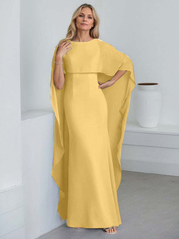 Etui-Kleid mit Rundhalsausschnitt, bodenlang, Chiffon, Mutter-der-Braut-Kleid mit kaskadierenden Rüschen
