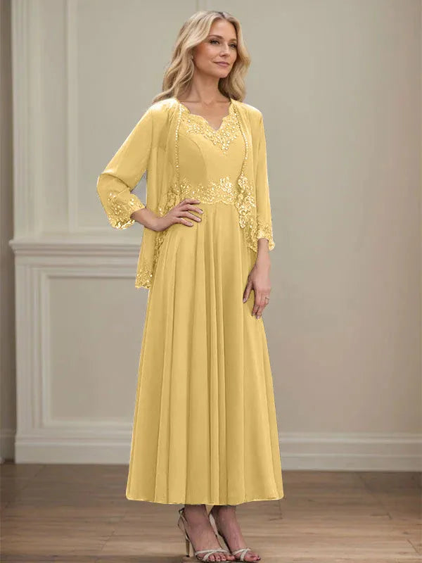 A-Linien Kleid mit V-Ausschnitt, knöchellang, aus Chiffon, Mutter der Braut Kleid mit Pailletten, Applikationen, Spitze und Perlenbesatz
