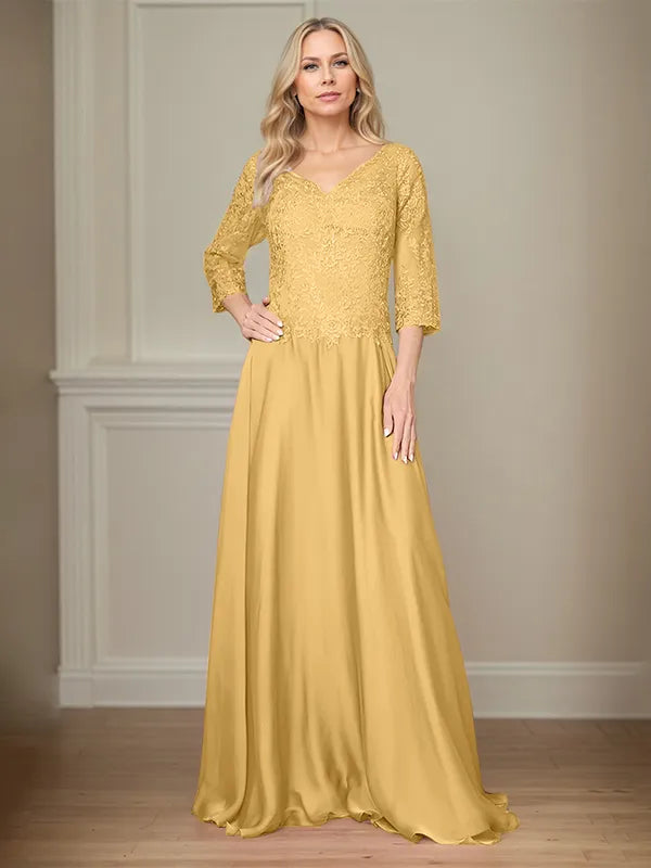A Line Chiffon V Neck 3/4 Sleeves Floor-Length Mother Of The Bride Dress With Appliques