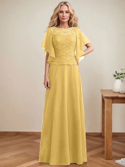 A-Linien Rundhals Illusions-Bodenlanges Spitzen-Chiffon Mutter-der-Braut-Kleid mit Pailletten