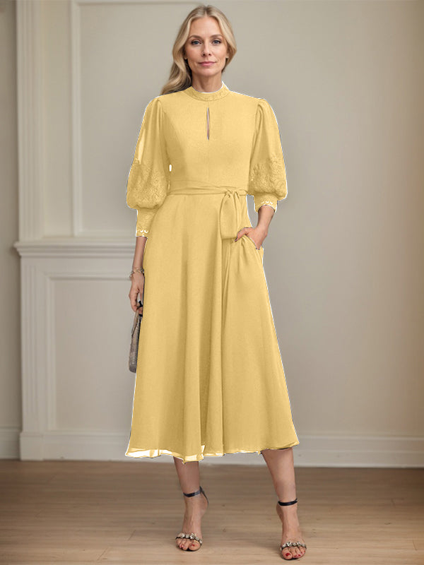 A-Linien Kleid mit hohem Kragen, tea-länge, Spitze und Chiffon, Brautmutterkleid mit Schleife