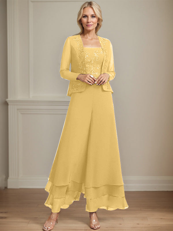 Zweiteiler Jumpsuit/Hosenanzug quadratisch knöchellang Spitze Chiffon Brautmutterkleid mit Pailletten