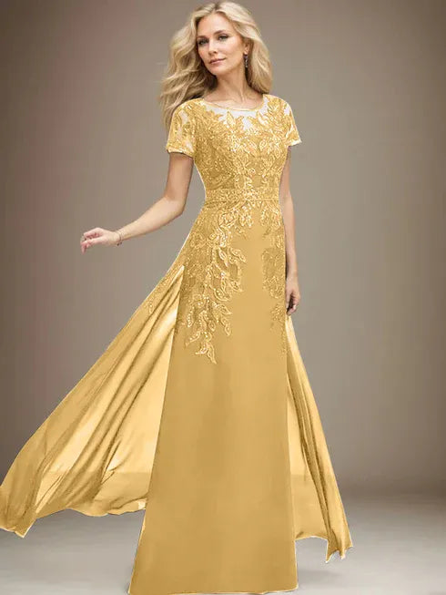 Etui/Säulen Rundhals Illusionsbodenlanges Spitzen-Chiffonkleid für die Brautmutter mit Pailletten