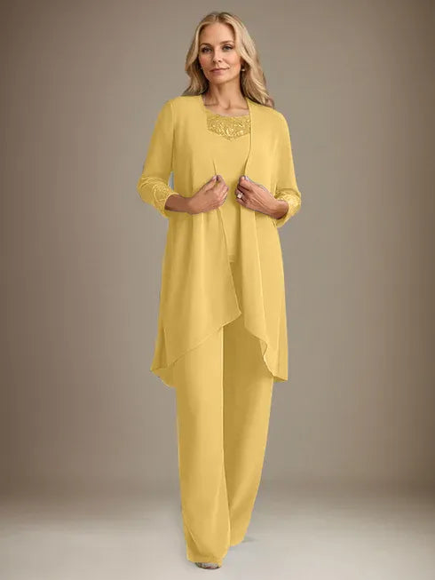 Chiffon Kleid mit Rundhalsausschnitt und langen Ärmeln, Mutter-der-Braut Hosenanzug mit Jacke
