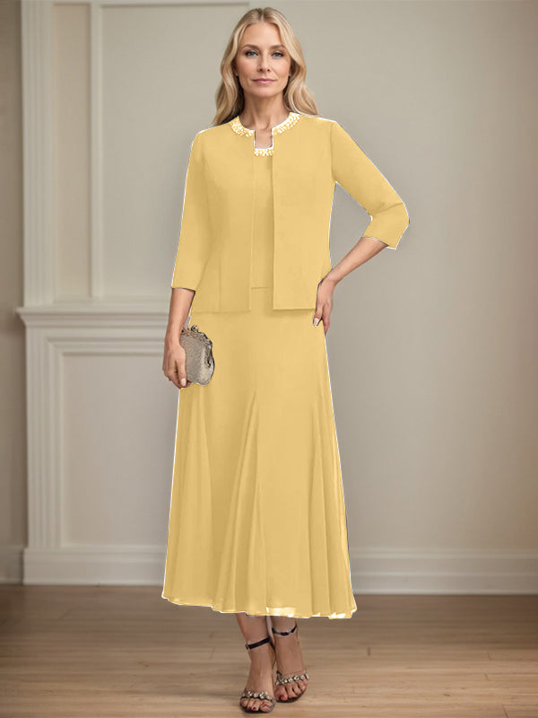Separates A-Linien Chiffonkleid mit Rundhalsausschnitt, tea-length, Mutter der Braut mit Pailletten und Perlen