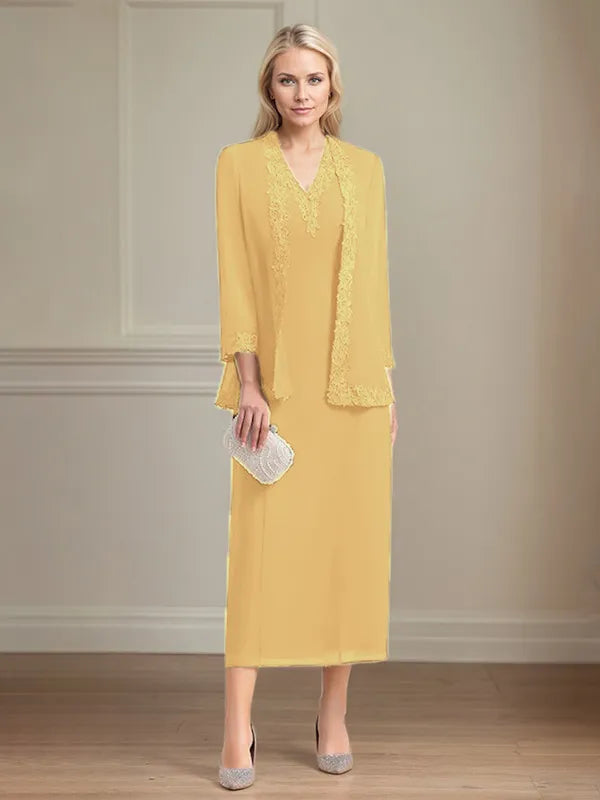 Etui/Column Chiffon V-Ausschnitt 3/4 Ärmel Tea-Length Kleid für die Mutter der Braut