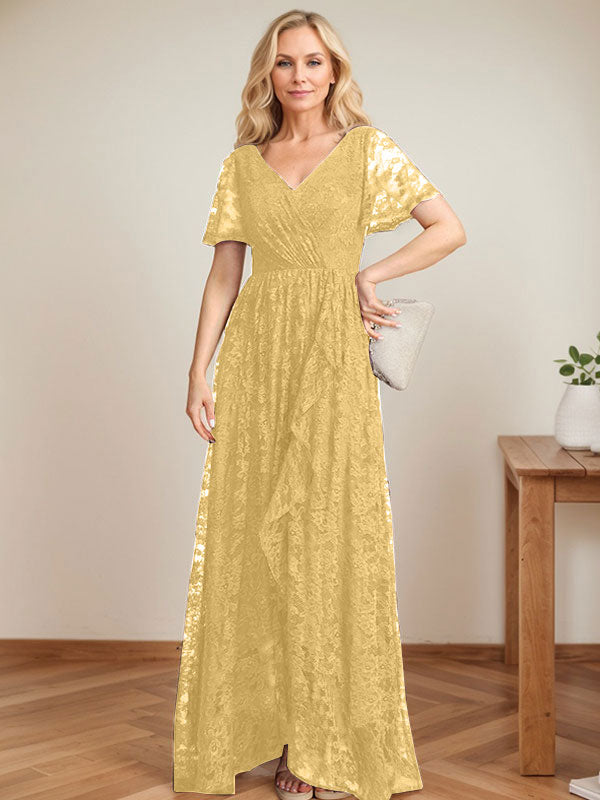 A-Linien Spitzen-Mutter-der-Braut-Kleid mit V-Ausschnitt, asymmetrisch und mit kaskadierenden Rüschen