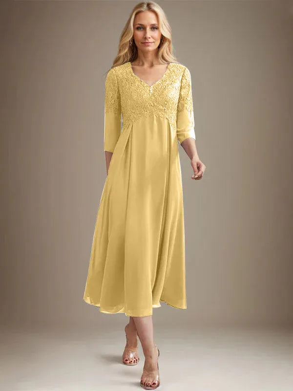Vestido línea A con escote en V, largo hasta el té, de gasa y encaje para madre de la novia con pedrería