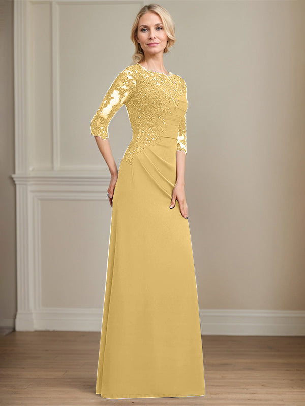 A-Linie Rundhals bodenlanges Chiffon Spitzen Brautmutterkleid mit Perlen Falten Pailletten