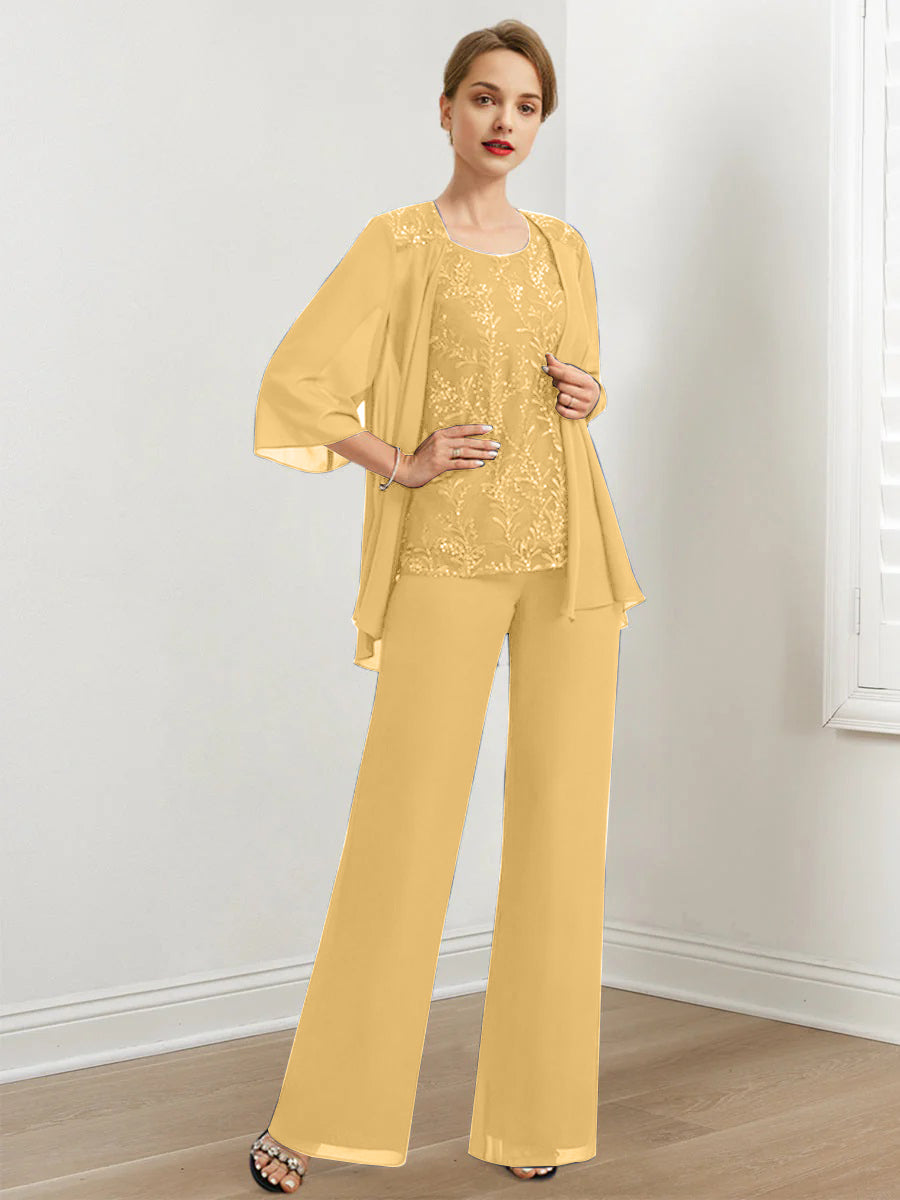 Chiffon Hosenanzüge für die Brautmutter mit Pailletten und Jacke