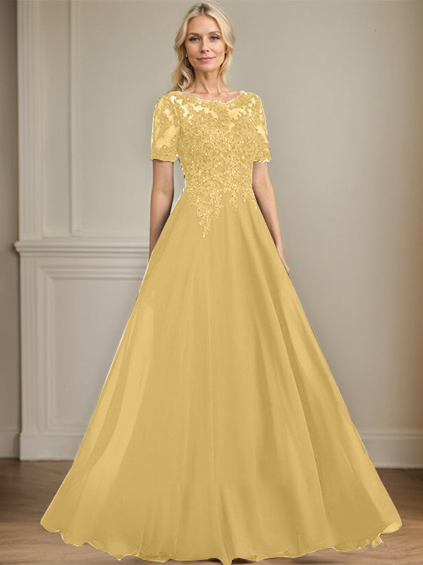 A-Linien Rundhals Illusions-Bodenlanges Chiffon-Spitzenkleid für die Mutter der Braut mit Pailletten und Perlen