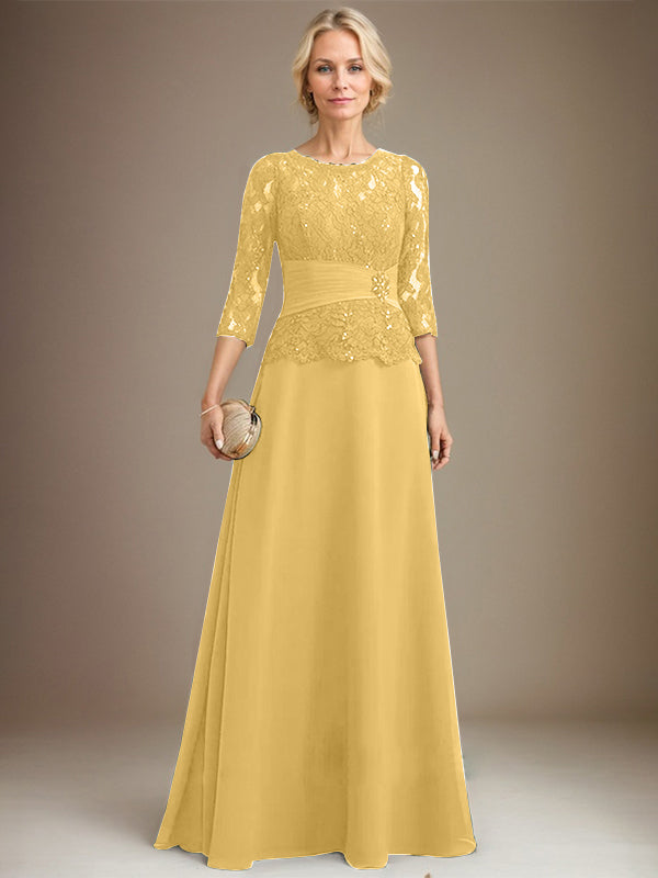 A-Linien Kleid mit Scoop-Ausschnitt, Illusion, bodenlangem Chiffon und Spitze, Mutter-der-Braut-Kleid mit plissierten Pailletten und Perlenbesatz