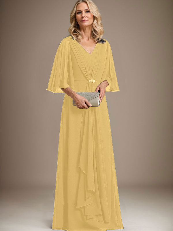 A-Linien V-Ausschnitt Bodenlanges Chiffon Kleid für die Brautmutter mit kaskadierenden Rüschen und Kristallbrosche