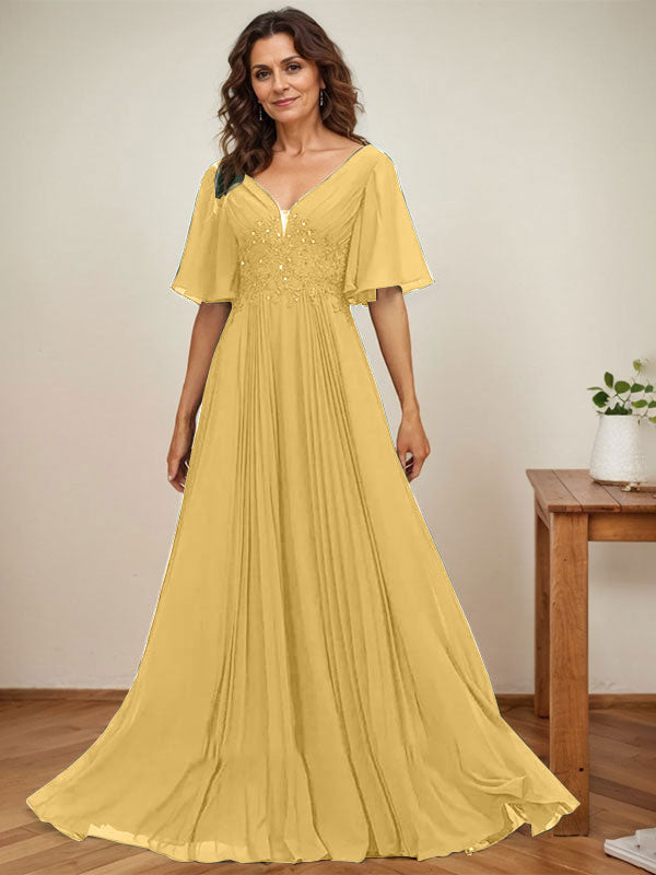 A-Linien V-Ausschnitt bodenlanges Chiffon Mutterkleid der Braut mit Pailletten-Applikationen, Spitze und Falten