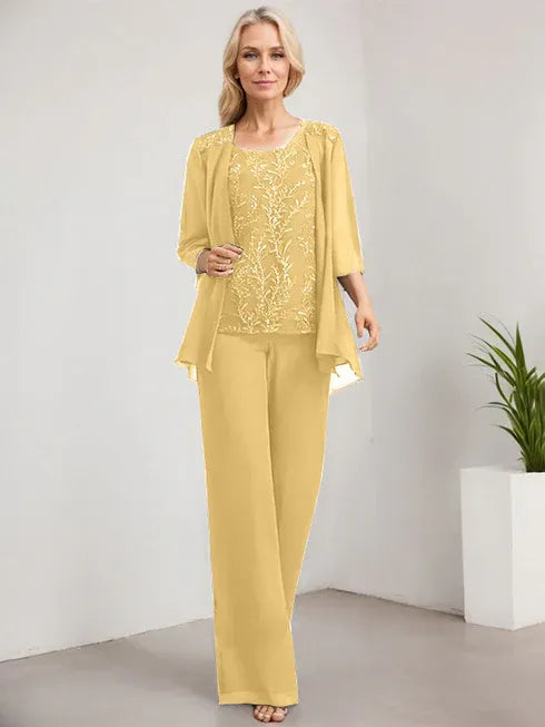 Zweiteiler Jumpsuit/Hosenanzug U-Ausschnitt bodenlanges Spitzen Chiffon Mutter der Braut Kleid mit Pailletten