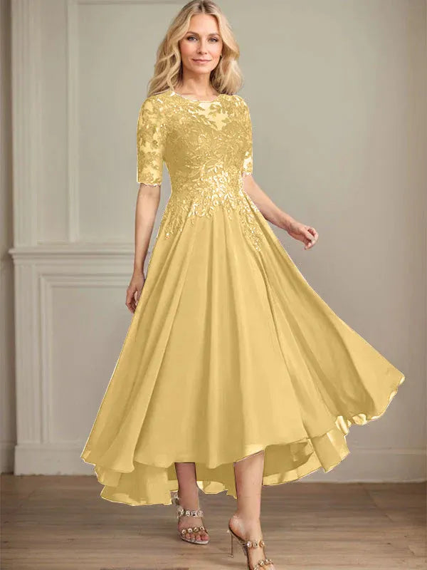 A-Linien Scoop-Ausschnitt Illusion asymmetrisches Chiffon-Spitzen-Mutter-der-Braut-Kleid mit Pailletten