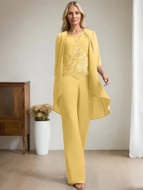 Zweiteiler Jumpsuit/Hosenanzug mit Rundhalsausschnitt, bodenlanges Chiffon-Spitzenkleid für die Mutter der Braut mit Perlen und Pailletten