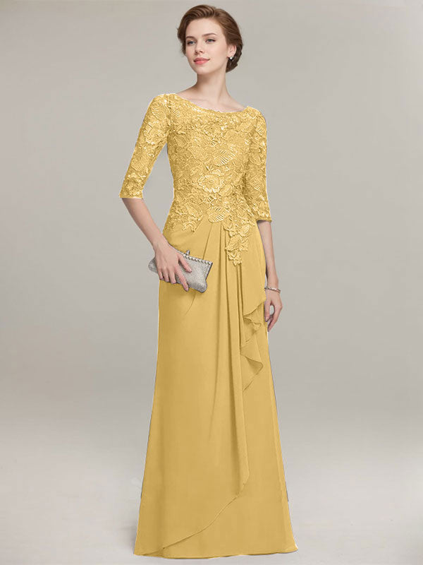 A-Linien Rundhalsausschnitt Illusions bodenlanges Spitzen-Chiffon Mutter der Braut Kleid mit kaskadierenden Rüschen