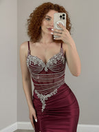 Gold Plunging V-Neck Beaded Bodice Satin Prom Dress with Slit