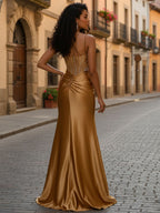 Gold Plunging V-Neck Beaded Bodice Satin Prom Dress with Slit