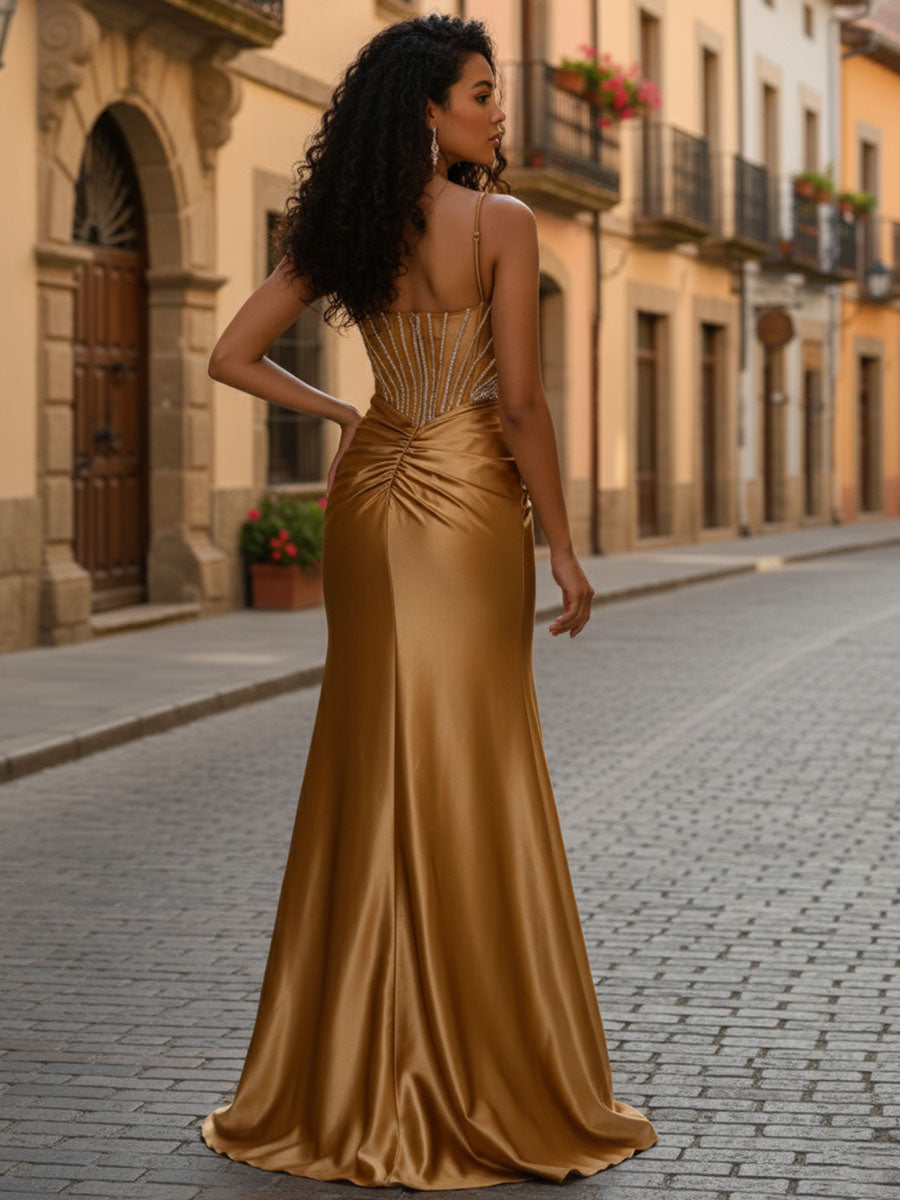 Glamorous Cascading Crystal Beaded Bodice Prom Dress with Slit