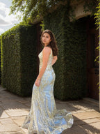 Gold Sequin V-Neck Metallic Embroidered Mermaid Prom Dress