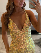 Gold Sequin V-Neck Spaghetti Straps Prom Dress with Slit
