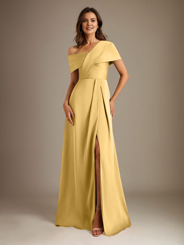 A-Linien asymmetrischer Ausschnitt bodenlanges Satin-Brautkleid für die Brautmutter mit Falten