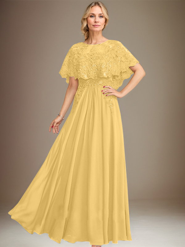 A-Linien Spitzen-Chiffon-Mutter-der-Braut-Kleid mit Bootsausschnitt, bodenlang und Applikations-Pailletten