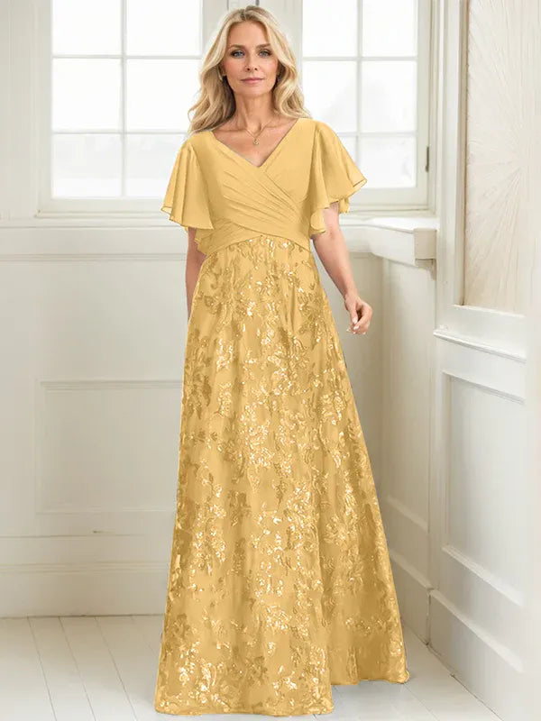 Vestido de madre de la novia en línea A con escote en V, largo hasta el suelo, encaje, lentejuelas y gasa plisada