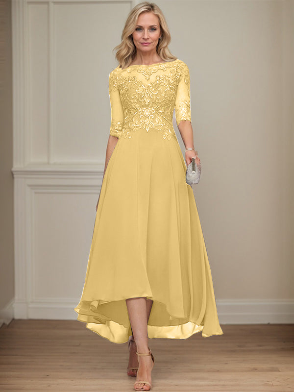 A-Linien Bootsausschnitt Illusionskleid mit asymmetrischem Chiffon-Spitzenstoff, Mutter-der-Braut-Kleid mit Paillettenperlen