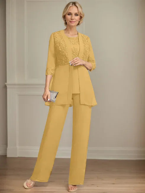 Combinaison/pantalon séparé en mousseline et dentelle, longueur au sol, col rond, robe mère de la mariée avec sequins