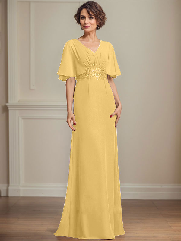 A-Linien Chiffon Mutter-der-Braut-Kleid mit V-Ausschnitt, bodenlang, mit plissierten Pailletten-Applikationen und Spitze
