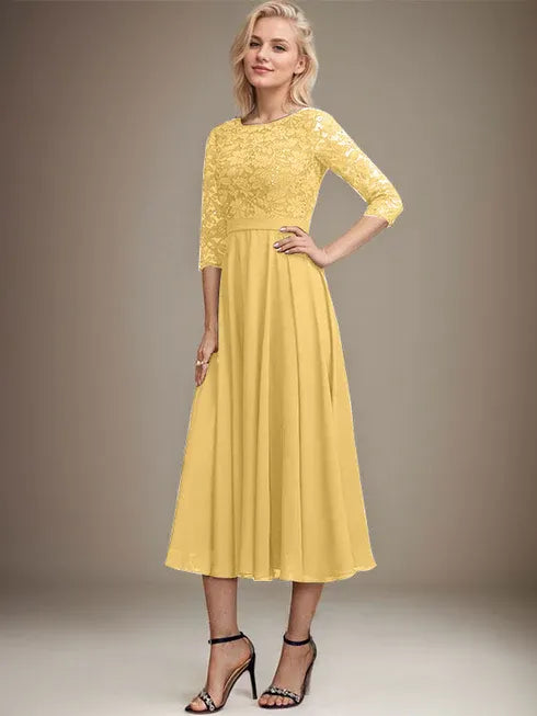 A-Linien Spitzen-Chiffon-Brautmutterkleid mit V-Ausschnitt, tea-length, mit Pailletten