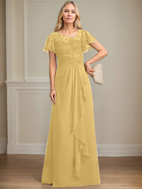 A-Linie asymmetrisches Illusions bodenlanges Spitzen-Chiffon Brautmutterkleid mit kaskadierenden Volants und Pailletten