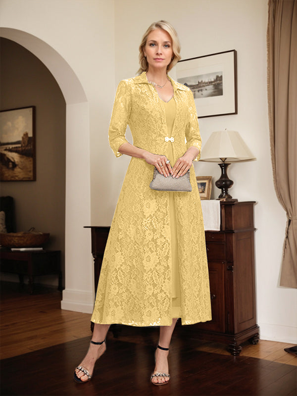 Robe mère de la mariée en mousseline longueur thé à encolure en V et coupe trapèze
