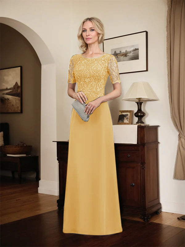 A-Linien Spitzen-Chiffon-Mutter-der-Braut-Kleid mit Rundhalsausschnitt, bodenlang und Pailletten