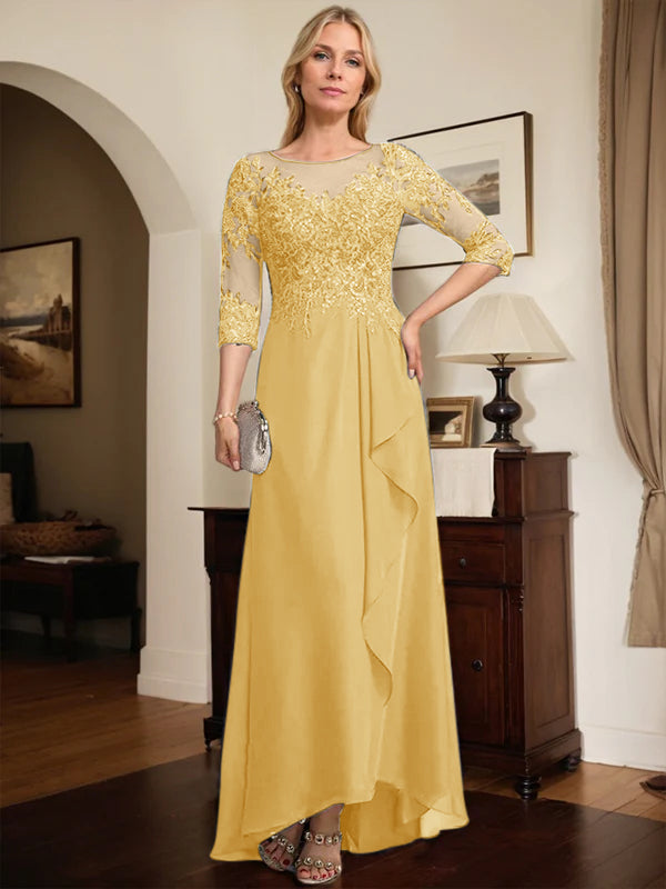 A-Linien Rundhals Illusions-Asymmetrische Spitze Chiffon Brautmutterkleid mit Pailletten und fallenden Rüschen