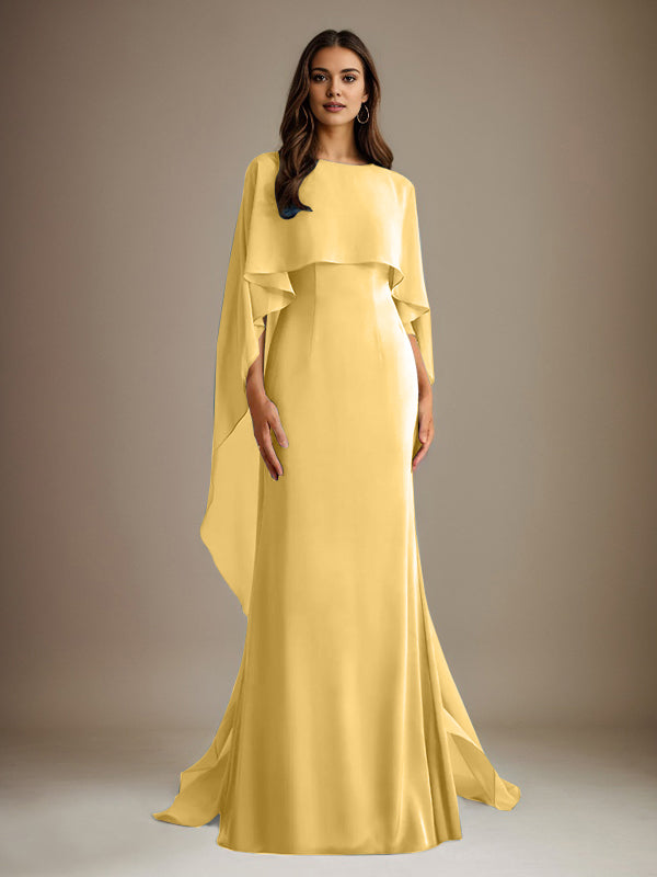 Etuikleid/Säulenkleid Bootsausschnitt bodenlanges Chiffon Mutter-des-Braut-Kleid mit kaskadierenden Rüschen