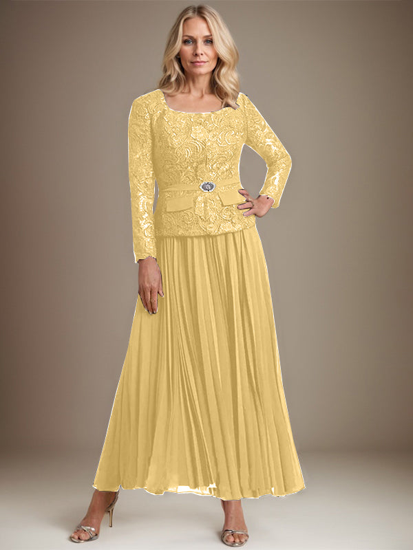A-Linien-Kleid mit quadratischem Ausschnitt, knöchellang, Chiffon, Mutter der Braut, mit Falten